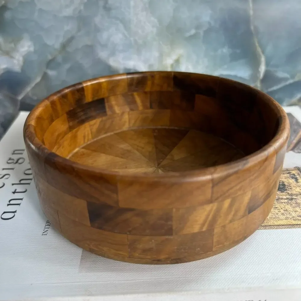 Vintage Segmented Teak Wood Serving Fruit Bowl Felt Bottom 5.25